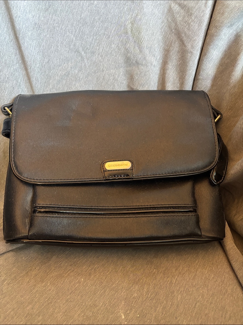 Vintage 90s Liz Claiborne Black Leather Messenger Bag with Gold Accent